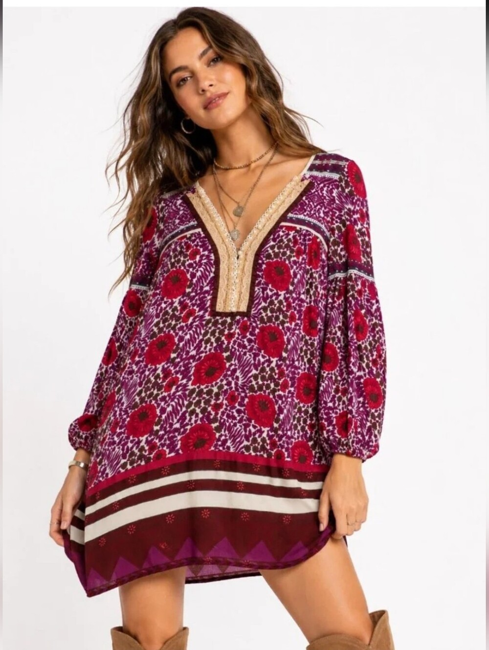 Vintage Free People - Poland Poppy Oversized Floral Peasant Mini Dress